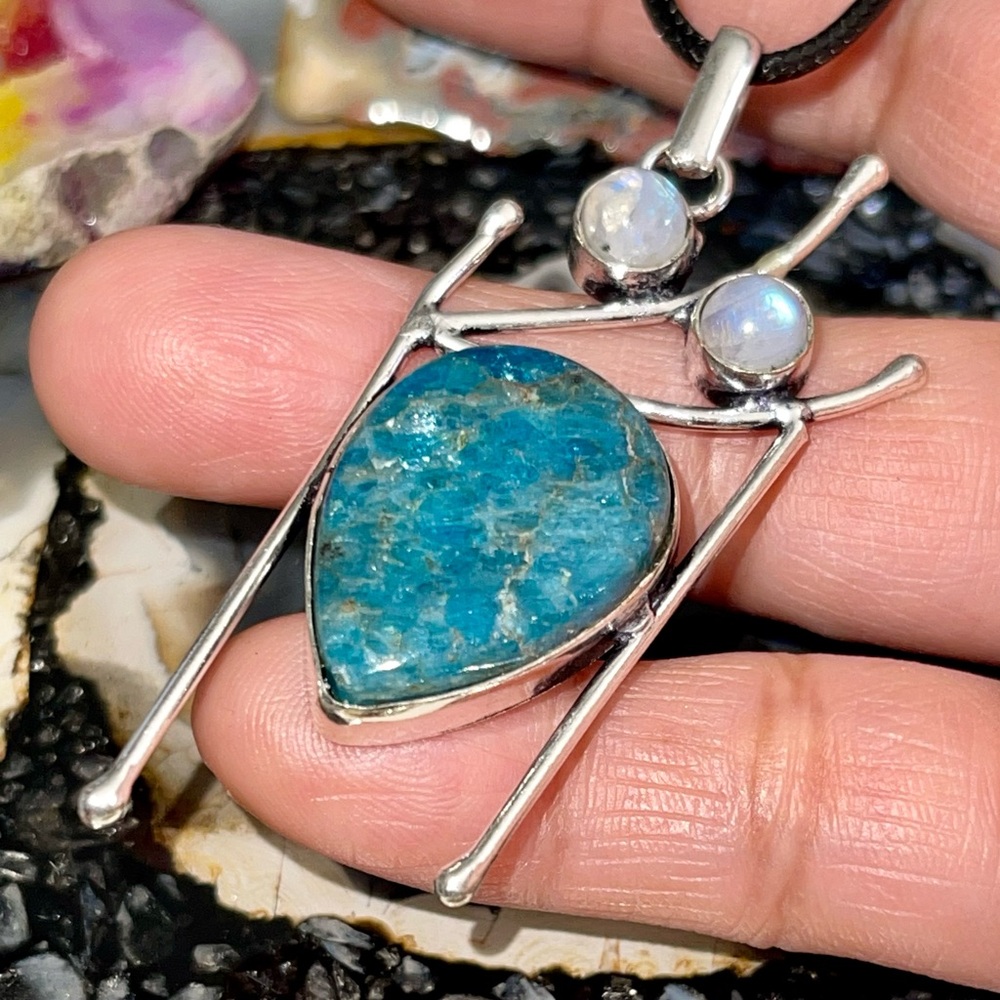 Blue Apatite & Moonstone Crystal Pairing Pendant 2 1/2”